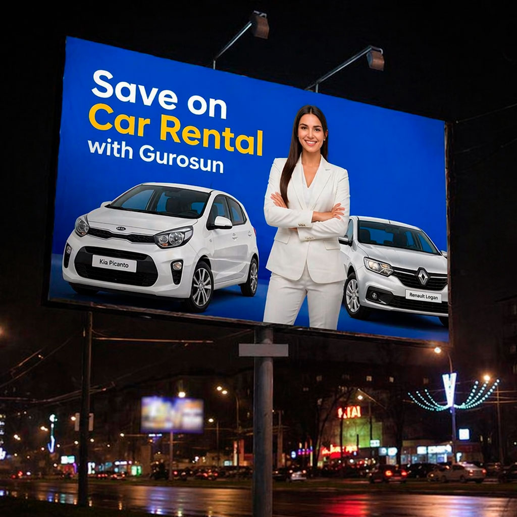 A Gurosun car rental billboard in downtown Tashkent